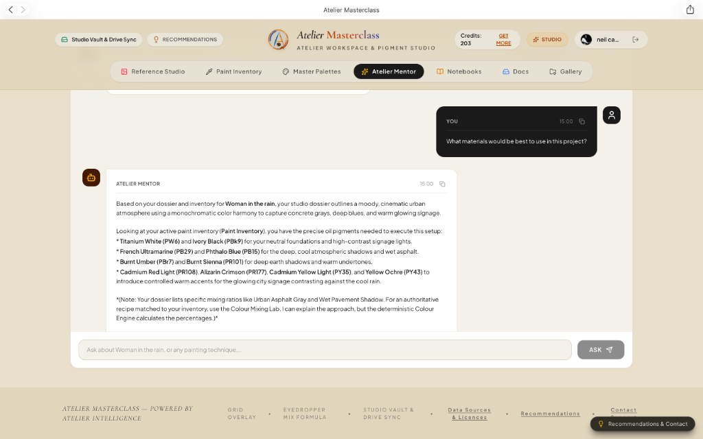 Atelier Mentor interface providing practical studio guidance related to an artist's work